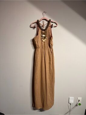 Calypso St. Barth Tan Linen Maxi Dress with Embellished Neckline
